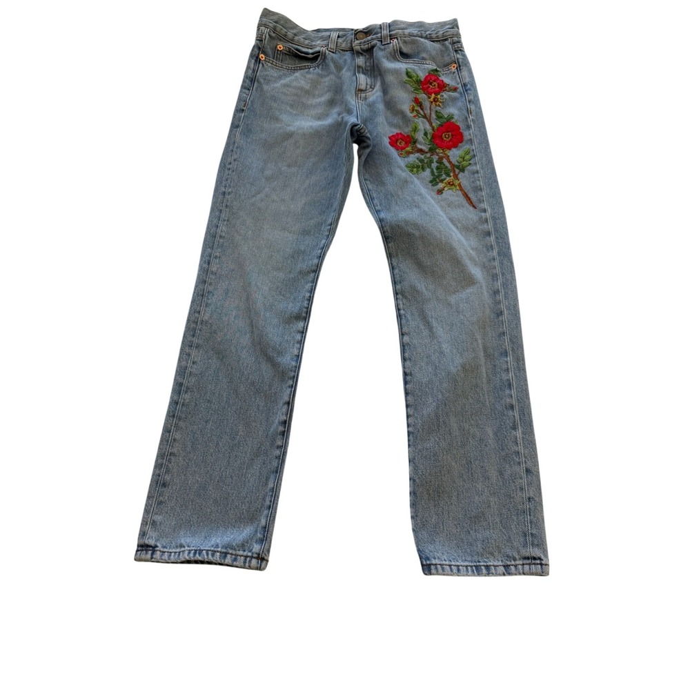 Gucci Womens Floral Rose Embroidered Straight‎ Leg Jeans Light Wash Blue Size 26